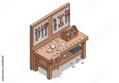 A cluttered wooden workbench with various tools and materials scattered across it, viewed from an isometric angle