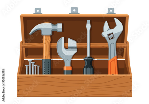 Toolbox containing various tools including hammer, wrench, pliers, screwdriver, and nails on a wooden workbench