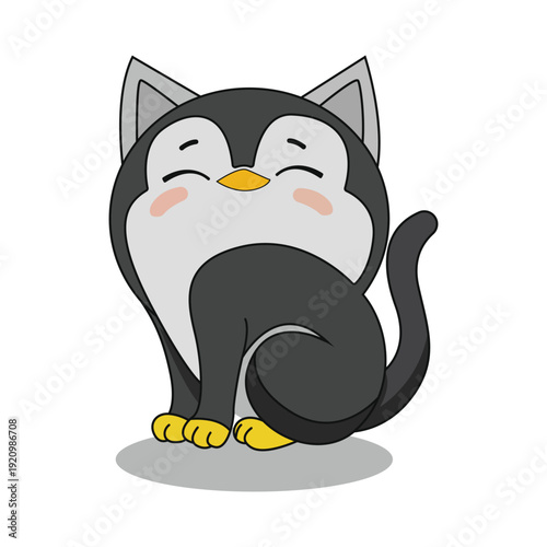 Cute Kawaii Chibi Tuxedo Cat Sitting Blushing Cartoon Vector