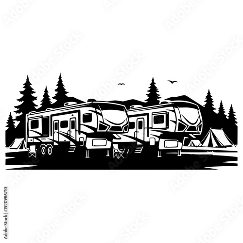Campground 5th Wheel RVs Black Silhouette Scene