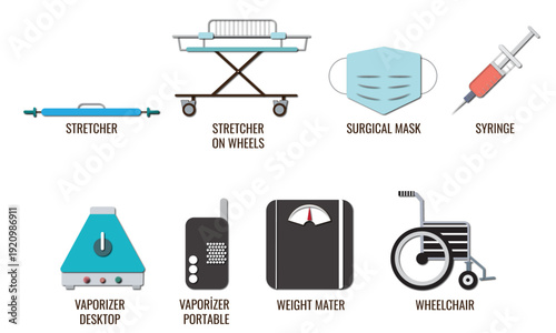 Medical Equipment Icons Set, Healthcare Tools and Hospital Devices Vector Illustration