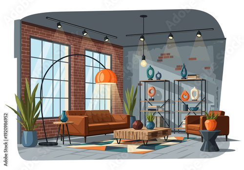 Modern living room interior with furniture and plants in a spacious loft environment