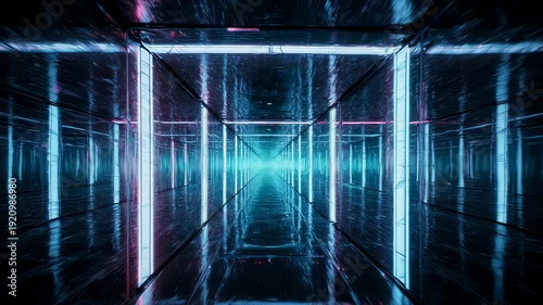 Futuristic geometric tunnel with glowing blue and pink lights