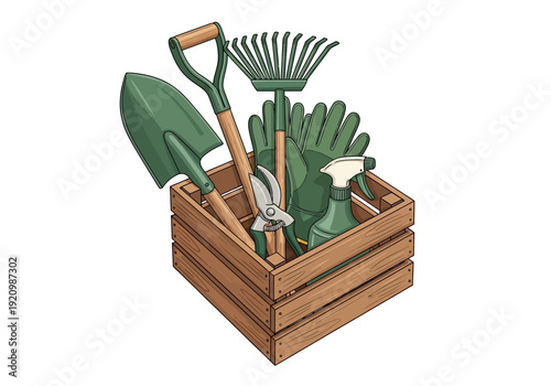 Gardening tools arranged in a wooden crate viewed from above in a rustic outdoor setting