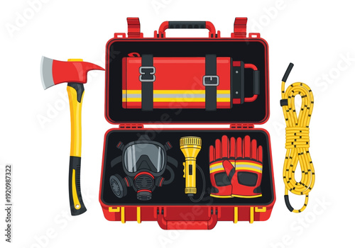 Firefighting equipment kit open and ready for emergency response operations