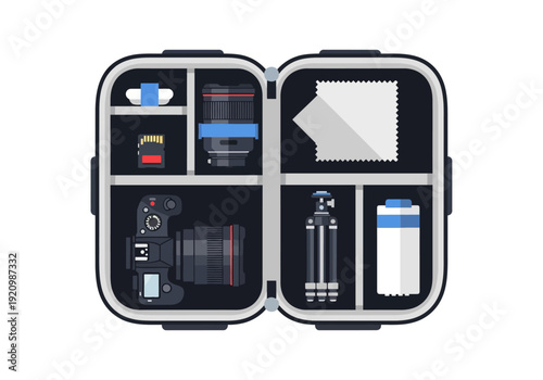 Photography equipment case open displaying organized camera and accessories