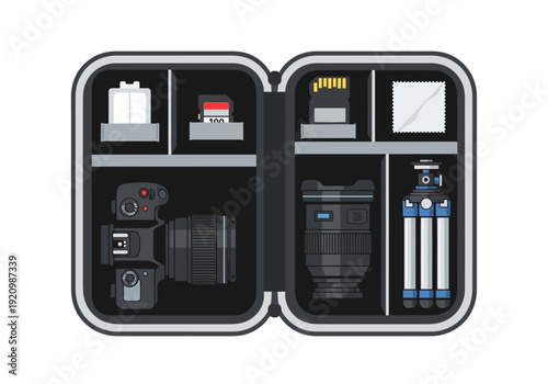 Photography equipment kit organized in a sleek black case with various tools and accessories