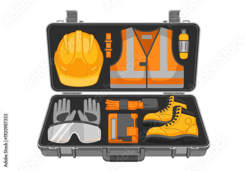 Safety equipment kit contents displayed in an open case