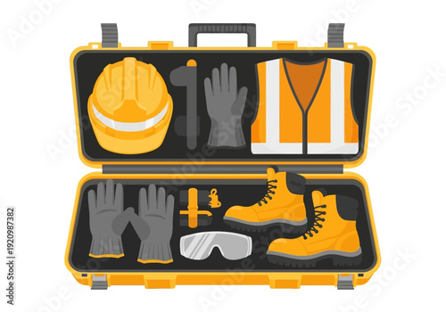 Safety Equipment and Protective Gear Arranged in a Toolbox for Industrial Use