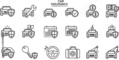 Car Insurance Line Icons Set. Vector symbols for auto protection, service, policy, claims, safety, and breakdown assistance. Editable Stroke.