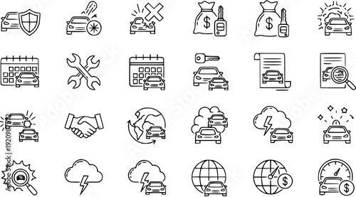 Auto Insurance And Car Service Icons - Protection, Repair, Finance, And Global Travel