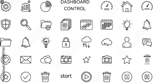 Hand-Drawn Dashboard Control Line Icons Set. Collection of Outline Web and App Interface Symbols for Analytics, Management, Settings, Security, Communication, and Media.