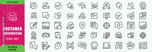 Customer satisfaction and happy client line icon set in modern outline style. Collection includes customer feedback, rating, review, happy client, smiley, satisfaction, star rating, and approval