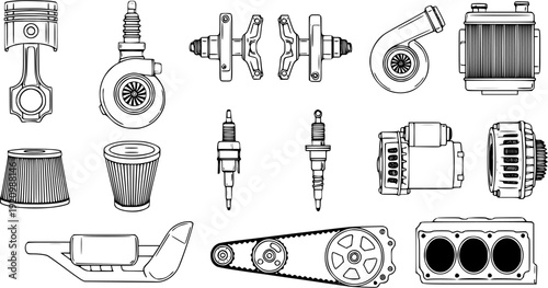 Black and White Illustration of Various Automotive Engine Parts and Components