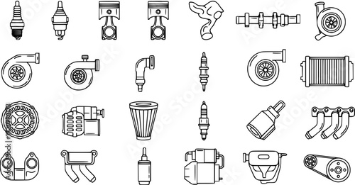 Vector Line Art Icons of Car Engine Parts and Mechanical Components