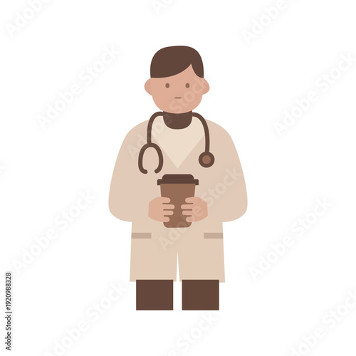 Flat Vector  of Young Doctor Holding Coffee Cup on White Background