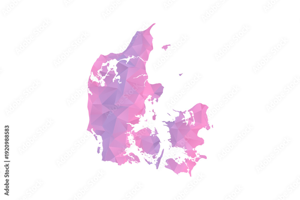 Fototapeta premium Denmark Map - Polygon Style Vector Illustration in Pink and Purple Gradient, Low Poly Geometric Design, Isolated on White Background for Infographics and Education.