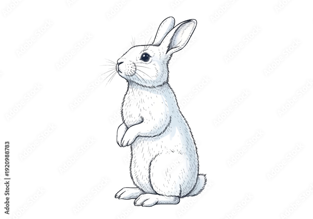 Obraz premium A cute white rabbit sitting on its hind legs against a black background