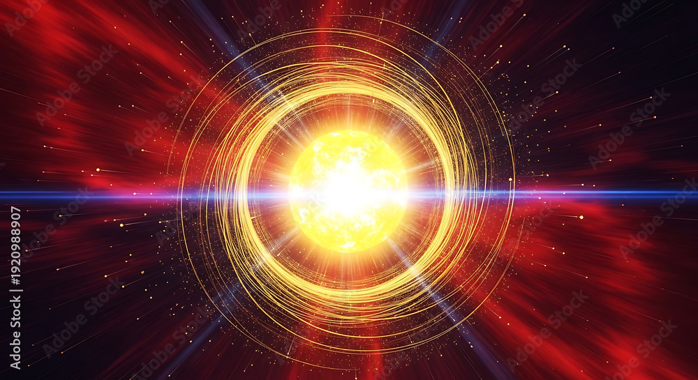 Obraz premium radiant energy core with swirling lines and red light trails emitting particles in cosmic space symbolizing data flow network technology and innovation.