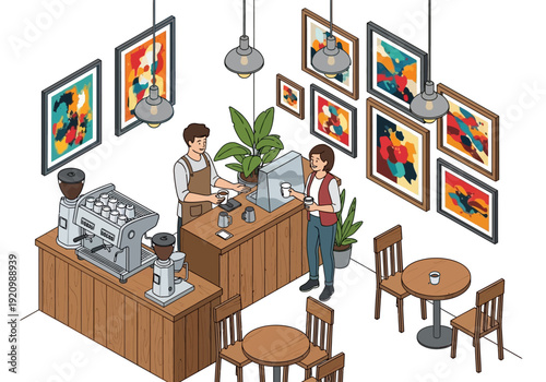 Coffee shop interior with barista serving customer amidst vibrant artwork and cozy seating
