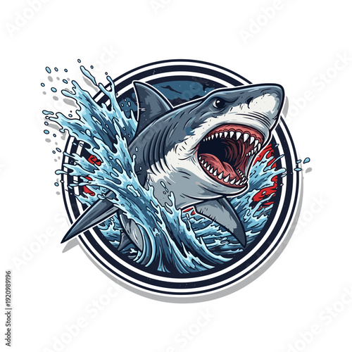 Aggressive great white shark breaking through water with open mouth and sharp teeth in a dynamic illustration