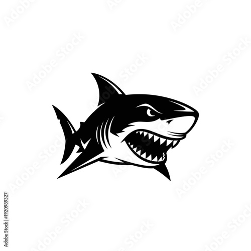 Aggressive shark mascot head with open mouth and sharp teeth in black and white