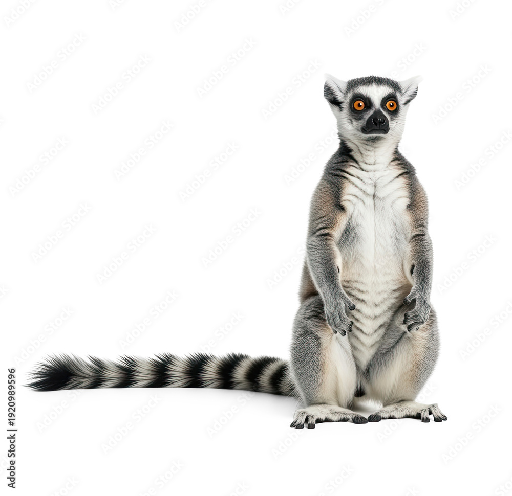 Fototapeta premium A ring-tailed lemur standing upright with its arms crossed, facing forward, with a png transparent