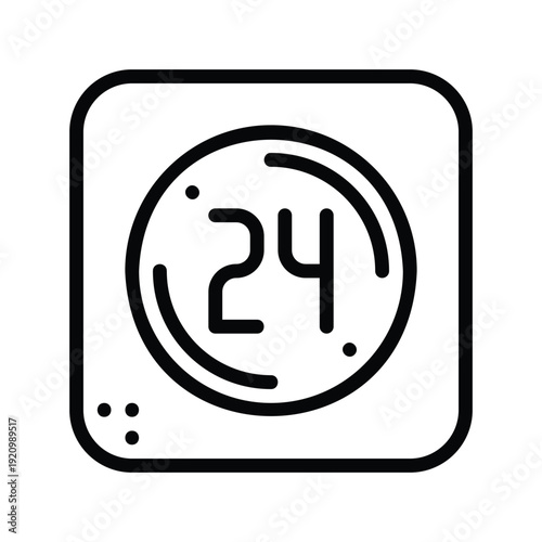 A simple black and white icon representing 24-hour service or availability. Laundry Single Line Logo Icon.