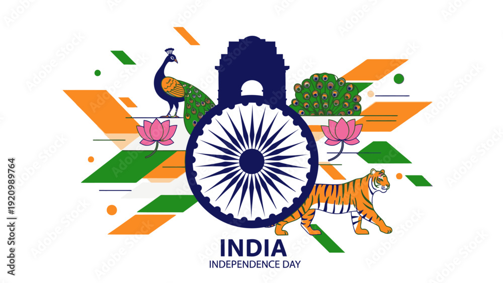 Obraz premium Graphic illustration of India's Independence Day logo with peacock, tiger, wheel, and floral elements on a white background with orange, green, and blue colors.