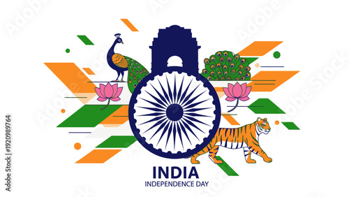 Graphic illustration of India's Independence Day logo with peacock, tiger, wheel, and floral elements on a white background with orange, green, and blue colors.