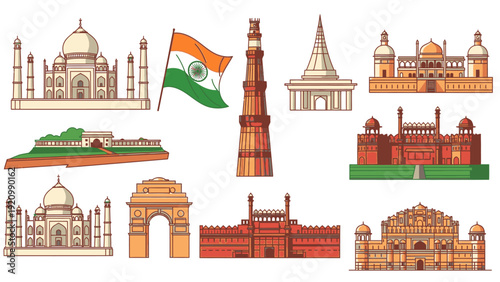 Illustration of various iconic Indian monuments and landmarks with the Indian flag on a white background in a flat lay composition with warm earthy tones.
