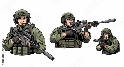Sniper soldier portrait with rifle and tactical outfit white background