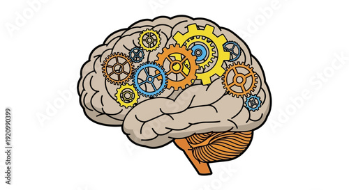 Stylized Human Brain with Interlocking Gears Illustrating Thought Processes