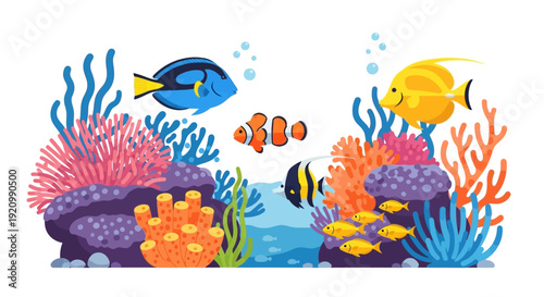 Vibrant Coral Reef Scene with Diverse Tropical Fish