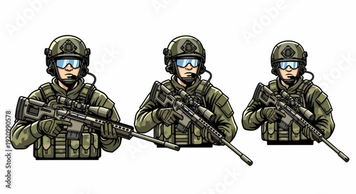Sniper soldier portrait with rifle and tactical outfit white background