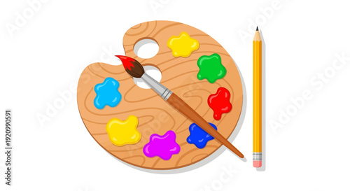 Wooden artist's palette with colorful paints and a paintbrush