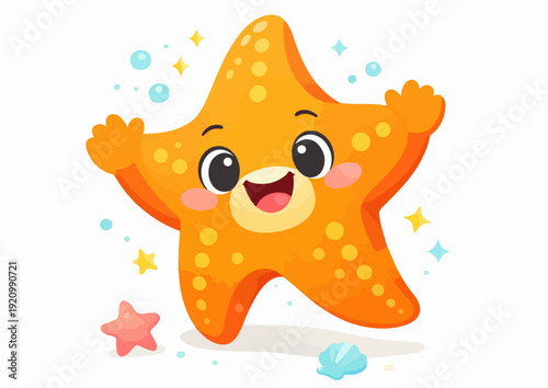 A cute cartoon yellow sea star and funny sea lion character with a smile design in a vector illustration of summer nature water