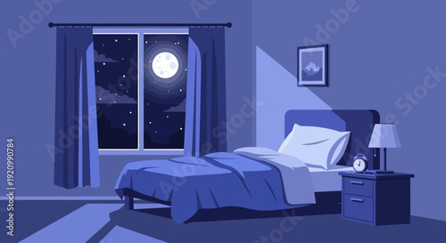 Night Bedroom Illustration with Moonlight Window, Cozy Bed and Minimalist Interior Design