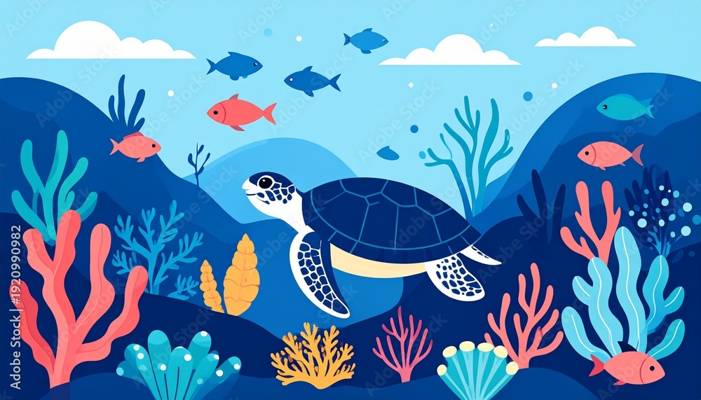 Obraz premium Vibrant underwater scene with sea turtle and colorful coral