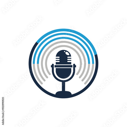 Podcast Microphone Icon with Sound Waves, Audio Broadcast Symbol