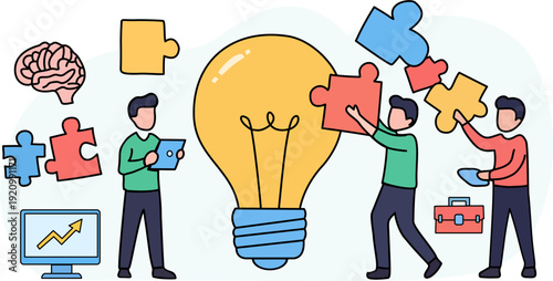 Business team assembling a giant lightbulb with puzzle pieces. Vector illustration of creative collaboration, innovation, and teamwork for problem solving and project development concept