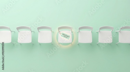 Row of white chairs with one highlighted for recruitment choice