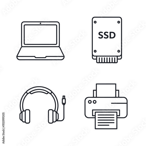 Set of computer hardware icons: laptop, SSD, headphones, printer