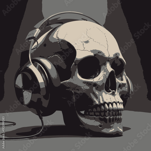 Skull with Headphones Listening to Music, Dark and Moody Atmosphere