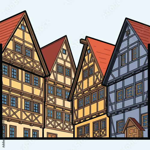 Traditional half timbered houses in old european town street with red roofs