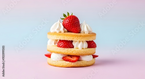 Delicate stacked shortcake with fresh strawberries and whipped cream, a delightful dessert on a pastel background