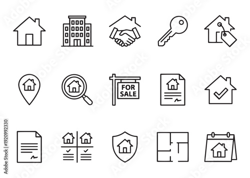 Real estate and property icons with houses, keys and sale related symbols
