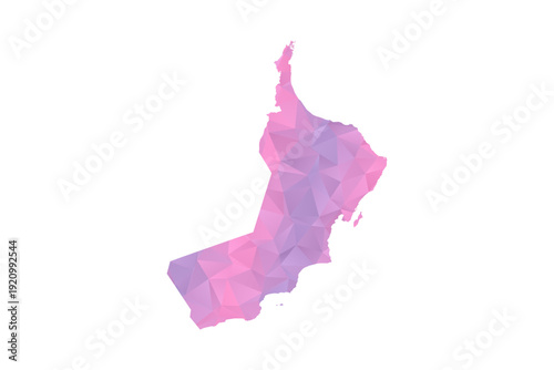 Oman Map - Polygon Style Vector Illustration in Pink and Purple Gradient, Low Poly Geometric Design, Isolated on White Background for Infographics and Education.