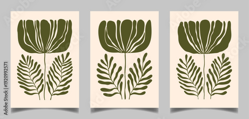 Abstract Contemporary mid century modern Floral leaves boho poster cover template. Minimal and natural compositions for postcard, cover, wallpaper, wall art, home decor