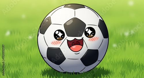 Smiling cartoon soccer ball with eyes and blush on green grass field background
